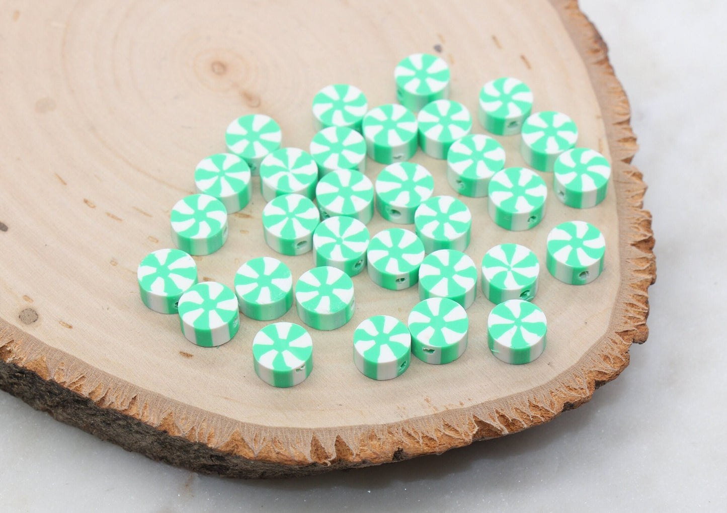 Swirl Peppermint Clay Beads, Mint Candy Clay Beads, Round Candy Polymer Clay Beads, Clay Jewelry Beads #389