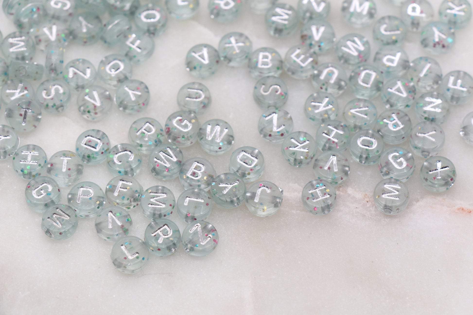 Silver with Glitter Alphabet Letter Beads, Acrylic Translucent Beads with Glitter, Round Acrylic Beads, Mixed Letters Name Beads 7mm #754