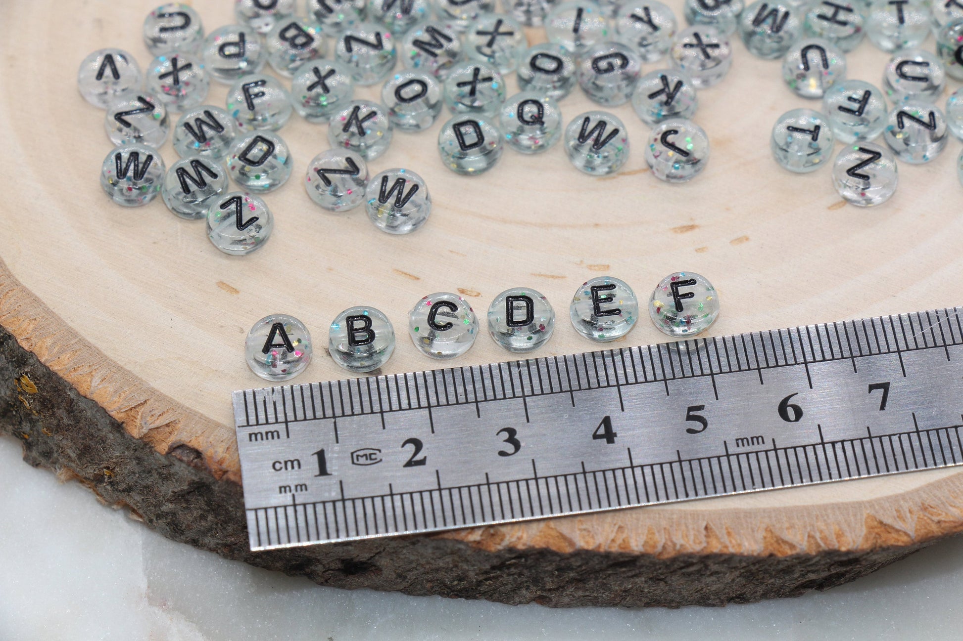 Translucent Alphabet Letter Beads, Black Lettering with Glitter Beads, Round Acrylic Beads, Mixed Letters Beads, Name Beads 7mm #731