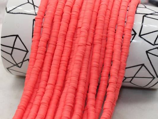 6mm Coral Heishi Beads, Coral Color Polymer Clay Disc Beads, African Disc Beads, Vinyl Heishi, 16 inch Strand #318