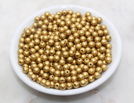 6mm Matte Gold Beads, Round Acrylic Loose Beads, Bubblegum Beads, Chunky Beads, #2895