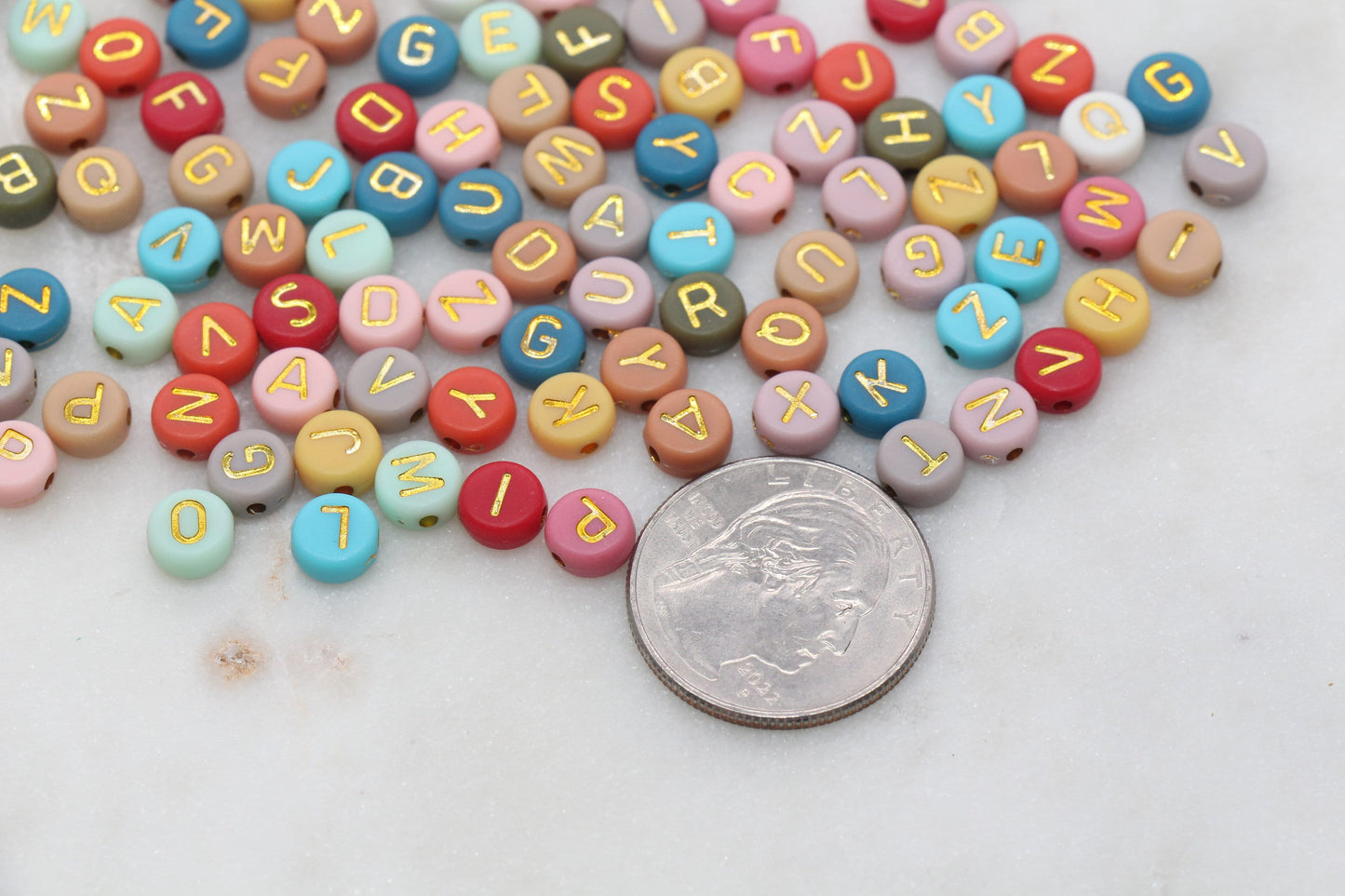 NEW COLOR! Multicolor Round Alphabet Letter Beads, Multicolored Beads with Gold Letters, Acrylic Round Name Beads, Size 7mm #203