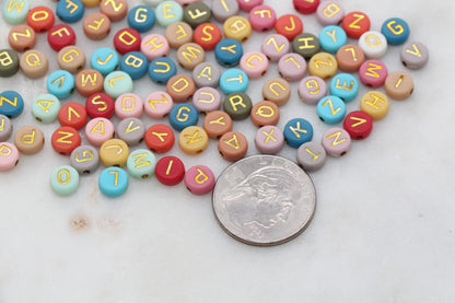 NEW COLOR! Multicolor Round Alphabet Letter Beads, Multicolored Beads with Gold Letters, Acrylic Round Name Beads, Size 7mm #203