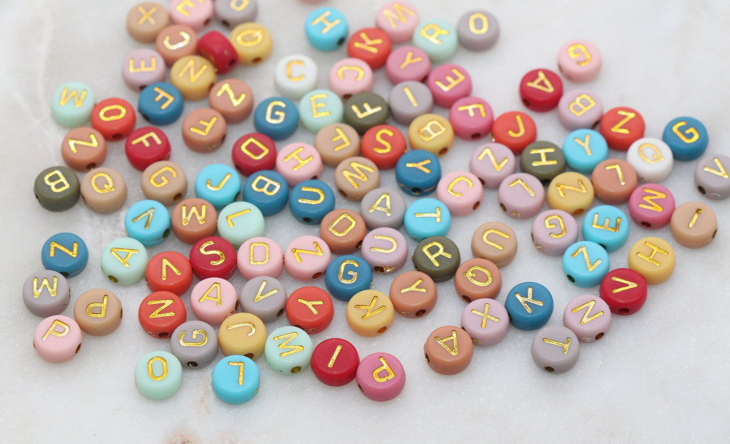 NEW COLOR! Multicolor Round Alphabet Letter Beads, Multicolored Beads with Gold Letters, Acrylic Round Name Beads, Size 7mm #203