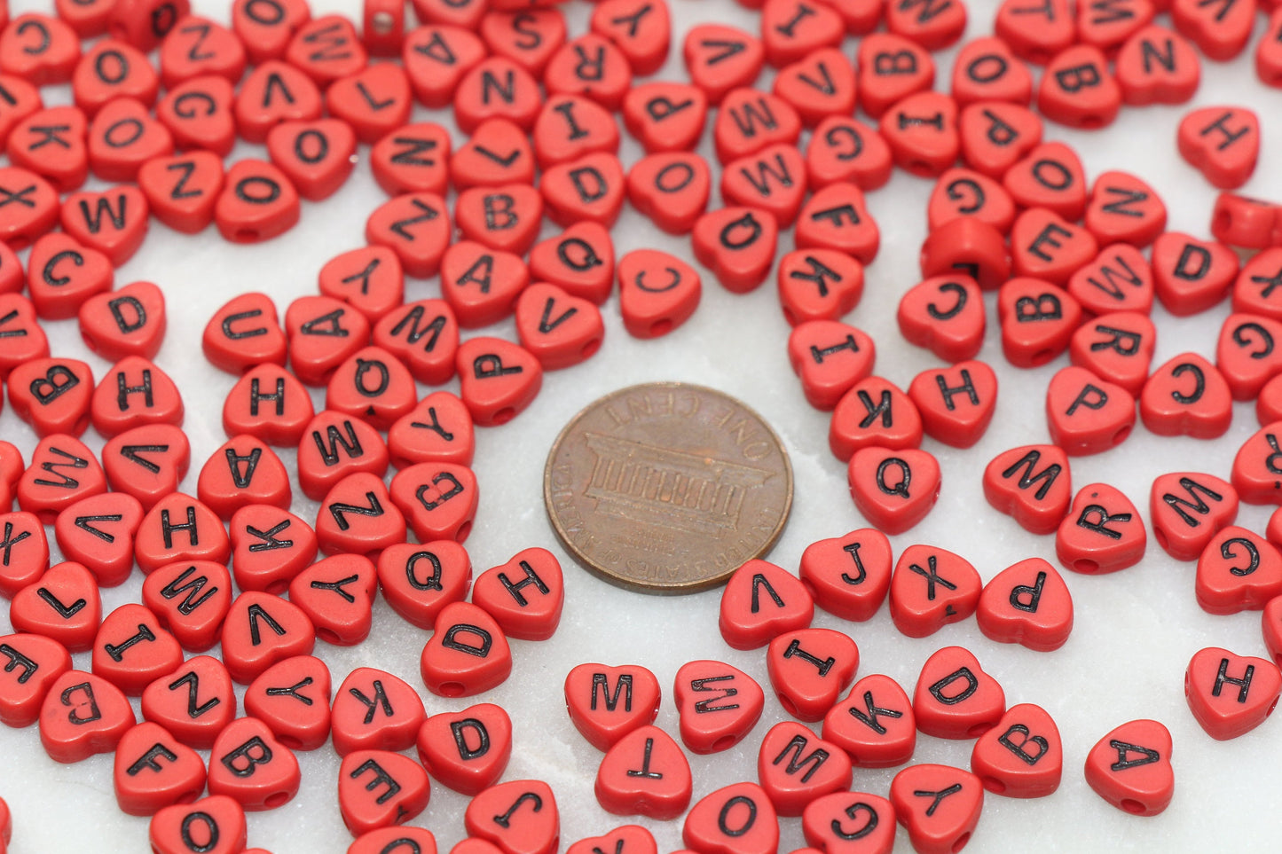 Red Heart Letter Beads, Acrylic Red Beads with Black Hearts, Heart Shape Alphabet Beads, Name Bracelet Beads, Word Beads, Size 7mm #2896