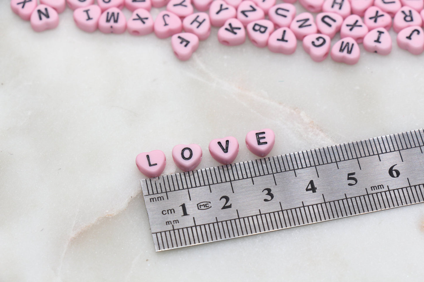 Pink Heart Letter Beads, Acrylic Pink Beads with Black Hearts, Heart Shape Alphabet Beads, Name Bracelet Beads, Word Beads, Size 7mm #2900