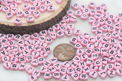 Pink Heart Letter Beads, Acrylic Pink Beads with Black Hearts, Heart Shape Alphabet Beads, Name Bracelet Beads, Word Beads, Size 7mm #2900