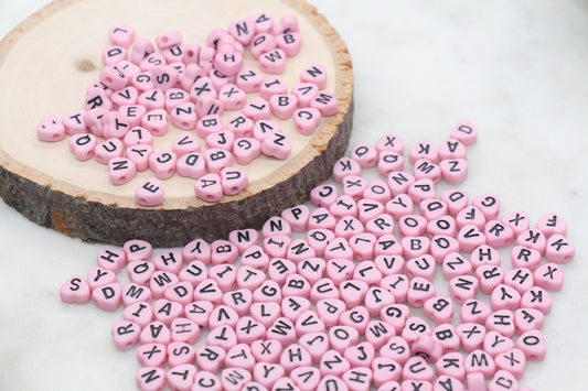 Pink Heart Letter Beads, Acrylic Pink Beads with Black Hearts, Heart Shape Alphabet Beads, Name Bracelet Beads, Word Beads, Size 7mm #2900