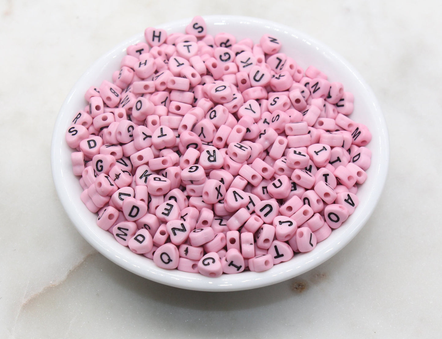 Pink Heart Letter Beads, Acrylic Pink Beads with Black Hearts, Heart Shape Alphabet Beads, Name Bracelet Beads, Word Beads, Size 7mm #2900