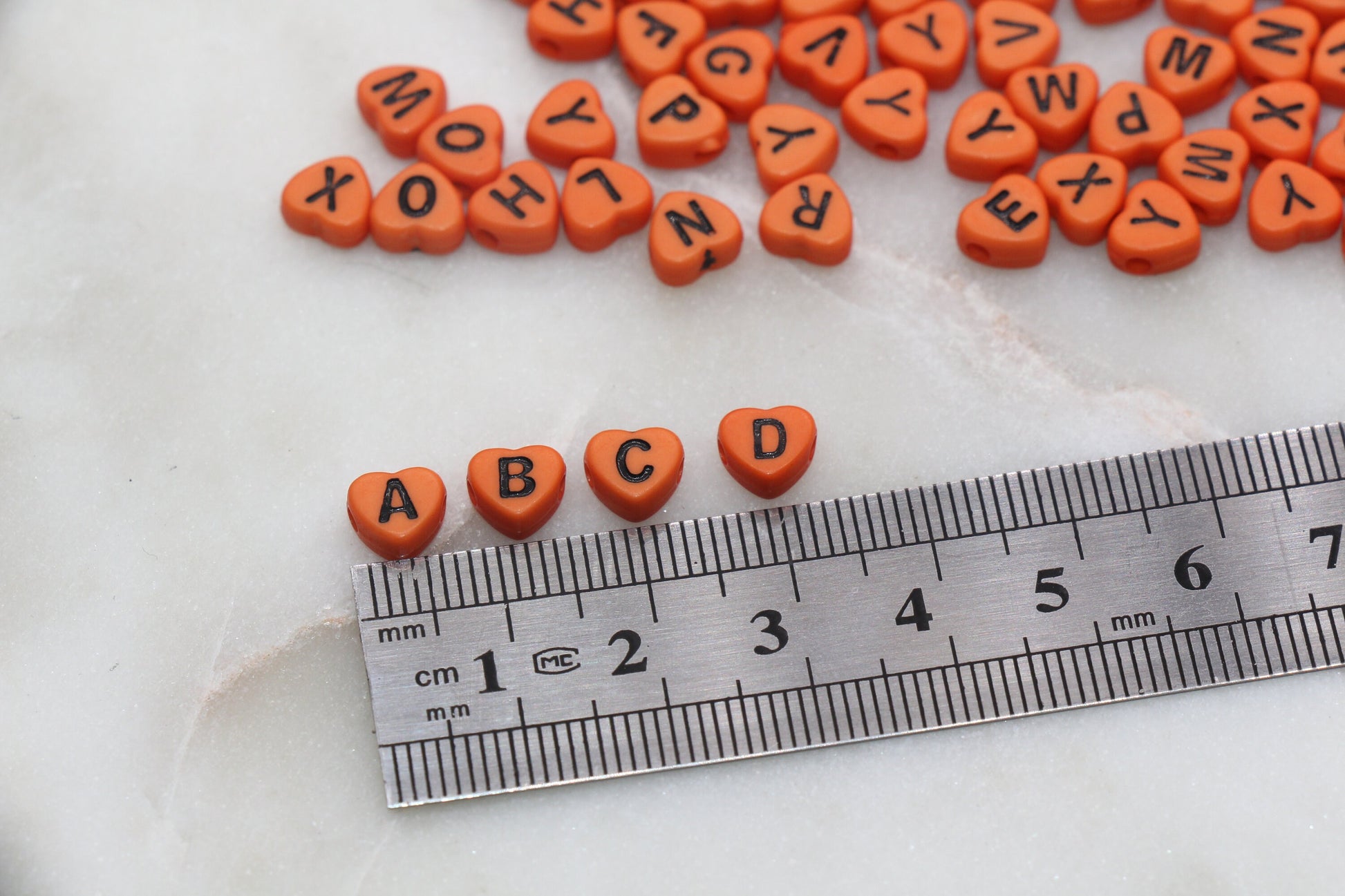 Orange Heart Letter Beads, Acrylic Orange Beads with Black Hearts, Heart Shape Alphabet Beads, Name Bracelet Beads, Word Beads, 7mm #2902