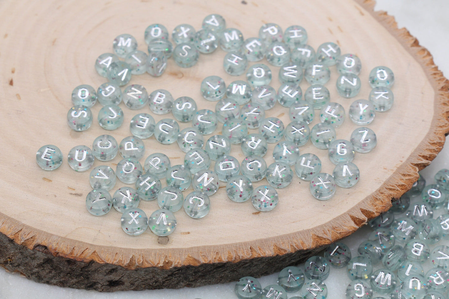 Silver with Glitter Alphabet Letter Beads, Acrylic Translucent Beads with Glitter, Round Acrylic Beads, Mixed Letters Name Beads 7mm #754