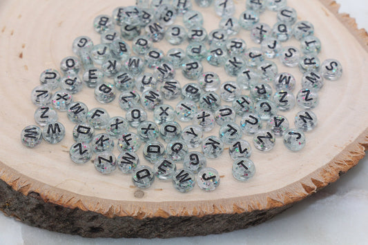 Translucent Alphabet Letter Beads, Black Lettering with Glitter Beads, Round Acrylic Beads, Mixed Letters Beads, Name Beads 7mm #731