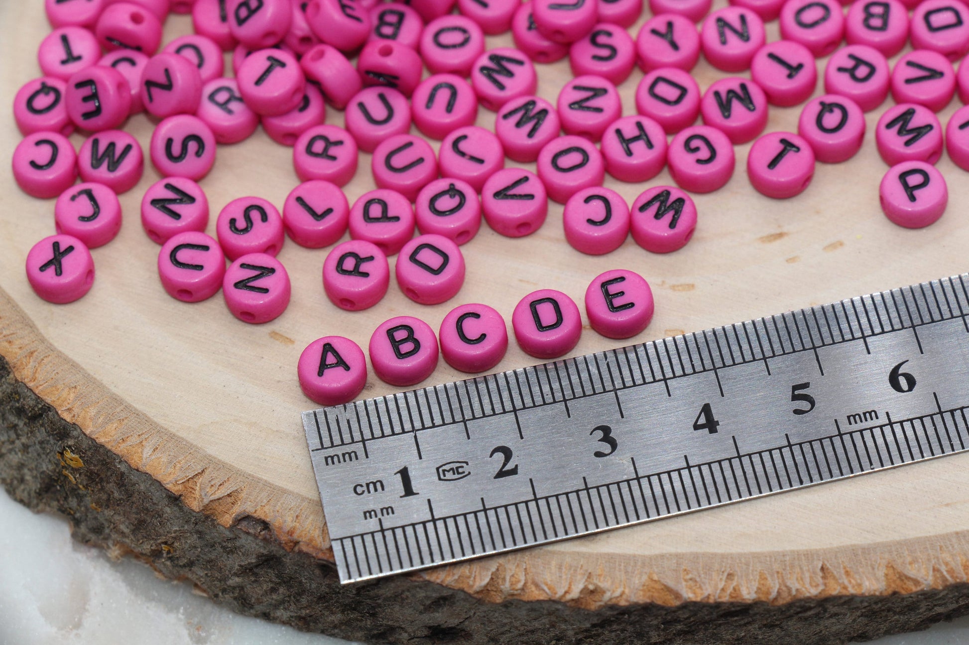 Magenta Pink Alphabet Letter Beads, Acrylic Pink with Black Letters Beads, Round Acrylic Beads, ABC Letter Beads, Name Beads 7mm #123