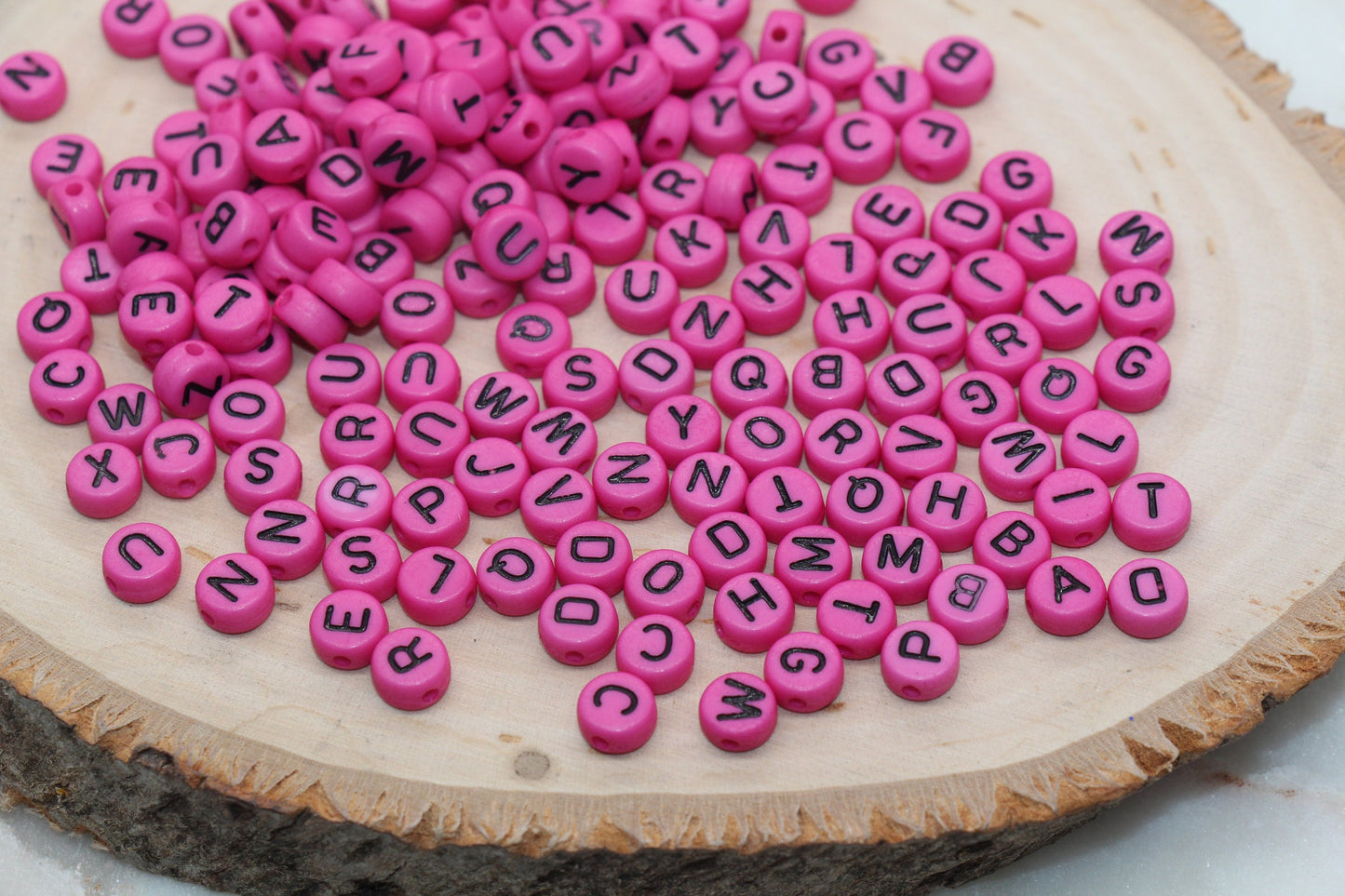 Magenta Pink Alphabet Letter Beads, Acrylic Pink with Black Letters Beads, Round Acrylic Beads, ABC Letter Beads, Name Beads 7mm #123