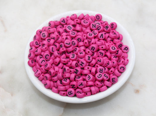 Magenta Pink Alphabet Letter Beads, Acrylic Pink with Black Letters Beads, Round Acrylic Beads, ABC Letter Beads, Name Beads 7mm #123