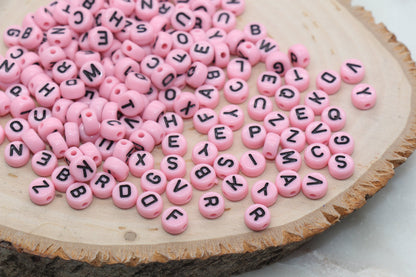 Pink Alphabet Letter Beads, Acrylic Pink with Black Letters Beads, Round Acrylic Beads, ABC Letter Beads, Name Beads 7mm #4