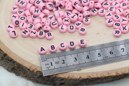 Pink Alphabet Letter Beads, Acrylic Pink with Black Letters Beads, Round Acrylic Beads, ABC Letter Beads, Name Beads 7mm #4