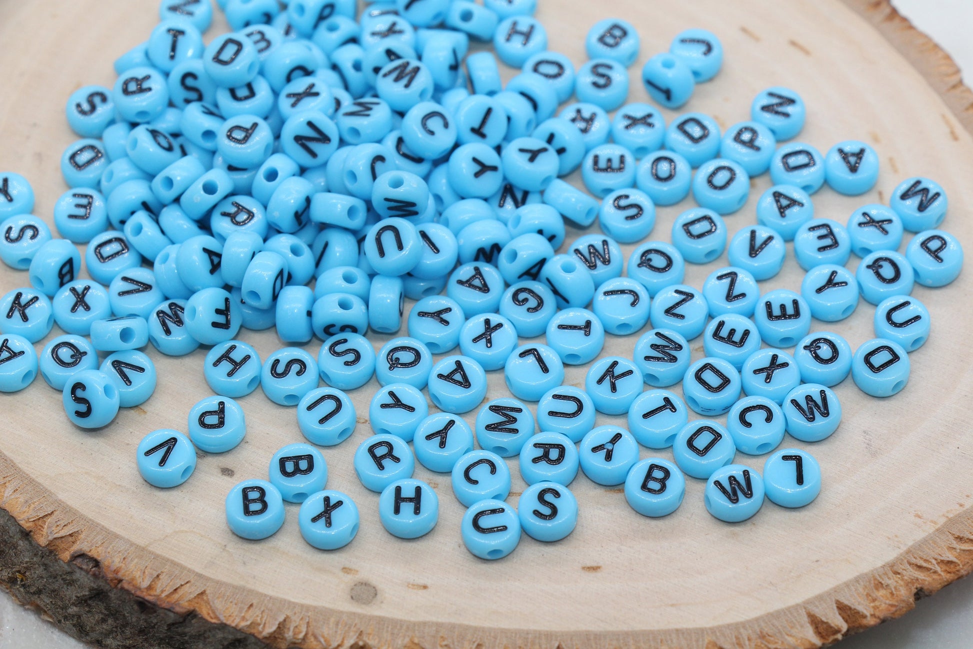 Blue Alphabet Letter Beads, Acrylic Blue with Black Letters Beads, Round Acrylic Beads, Bracelet Letter Beads, Name Initial Beads, 7mm #38