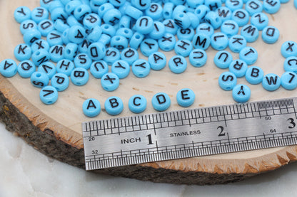 Blue Alphabet Letter Beads, Acrylic Blue with Black Letters Beads, Round Acrylic Beads, Bracelet Letter Beads, Name Initial Beads, 7mm #38