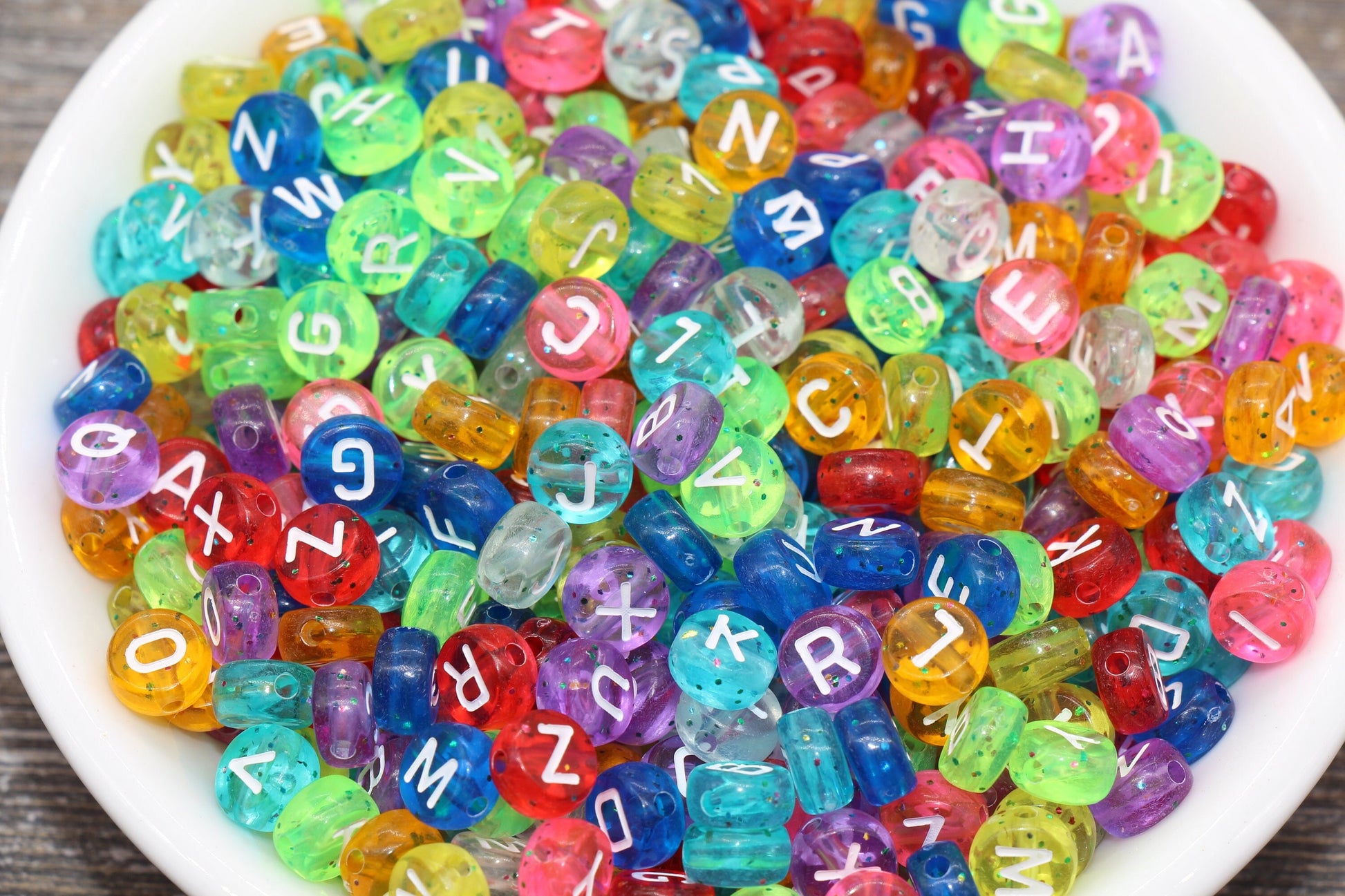 Glitter Alphabet Letter Beads, Mix Glitter Translucent Beads with White Letters, Rainbow Glitter Letter Beads, Name Initial Beads, 7mm #370