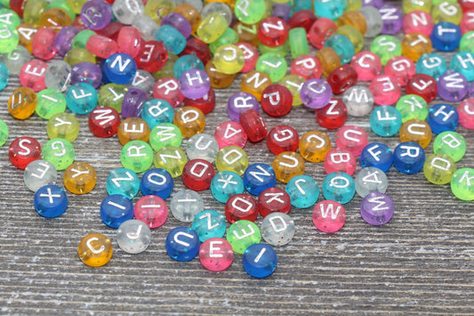 Multicolored Glitter Alphabet Letter Beads, Glitter Translucent Beads with Silver Letters, Rainbow Glitter Letter Beads, Name Beads 7mm #368