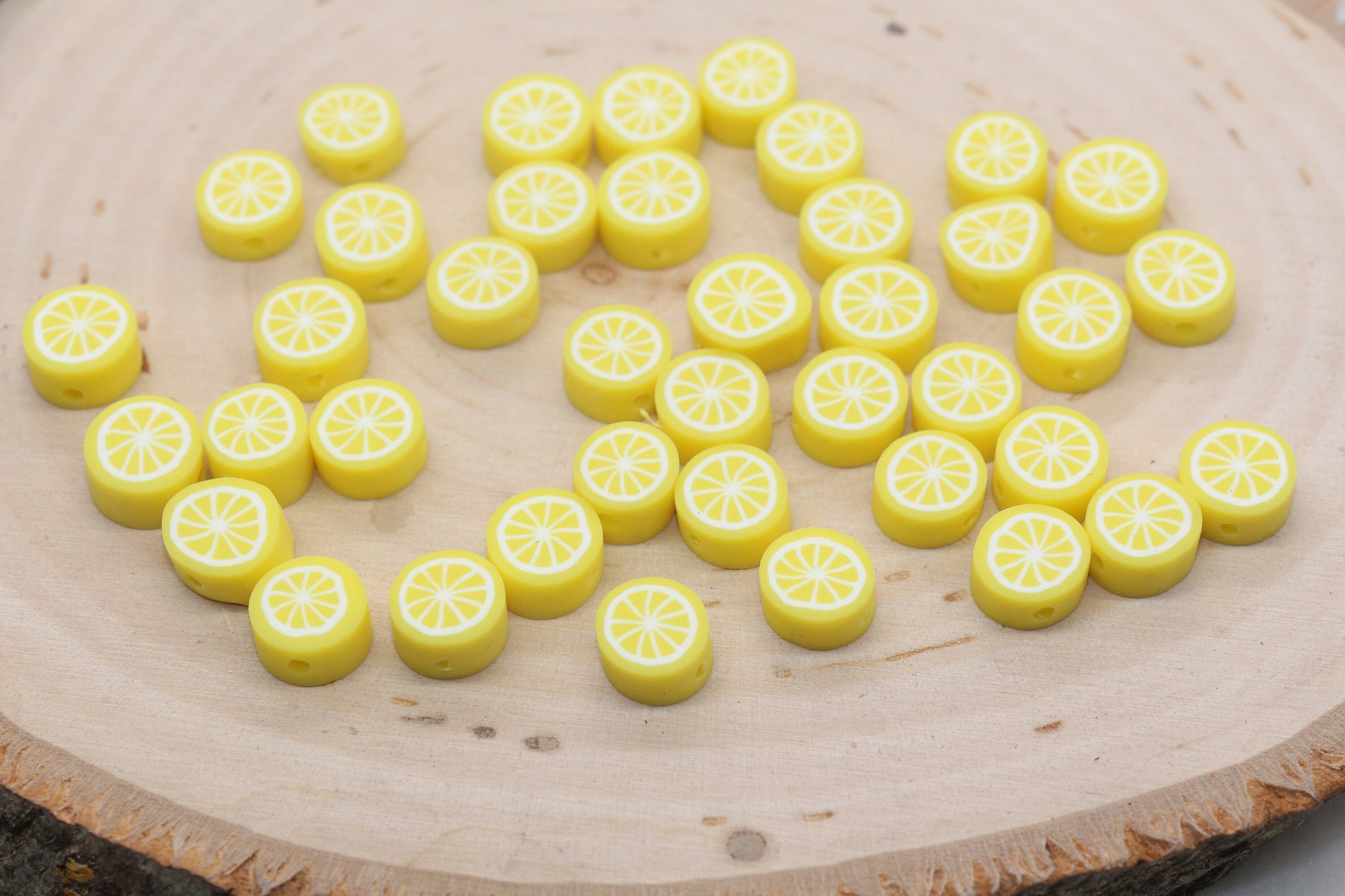 Lemon Polymer Clay Beads, Yellow Citrus Fruit Beads, Round Citrus Clay Beads, Lemon Clay Beads, Bracelet Jewelry Beads #405