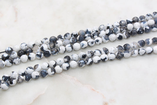 8mm Faceted White and Black Mix Fire Agate Beads, Mix Color Fire Agate Gemstone Loose Beads #258