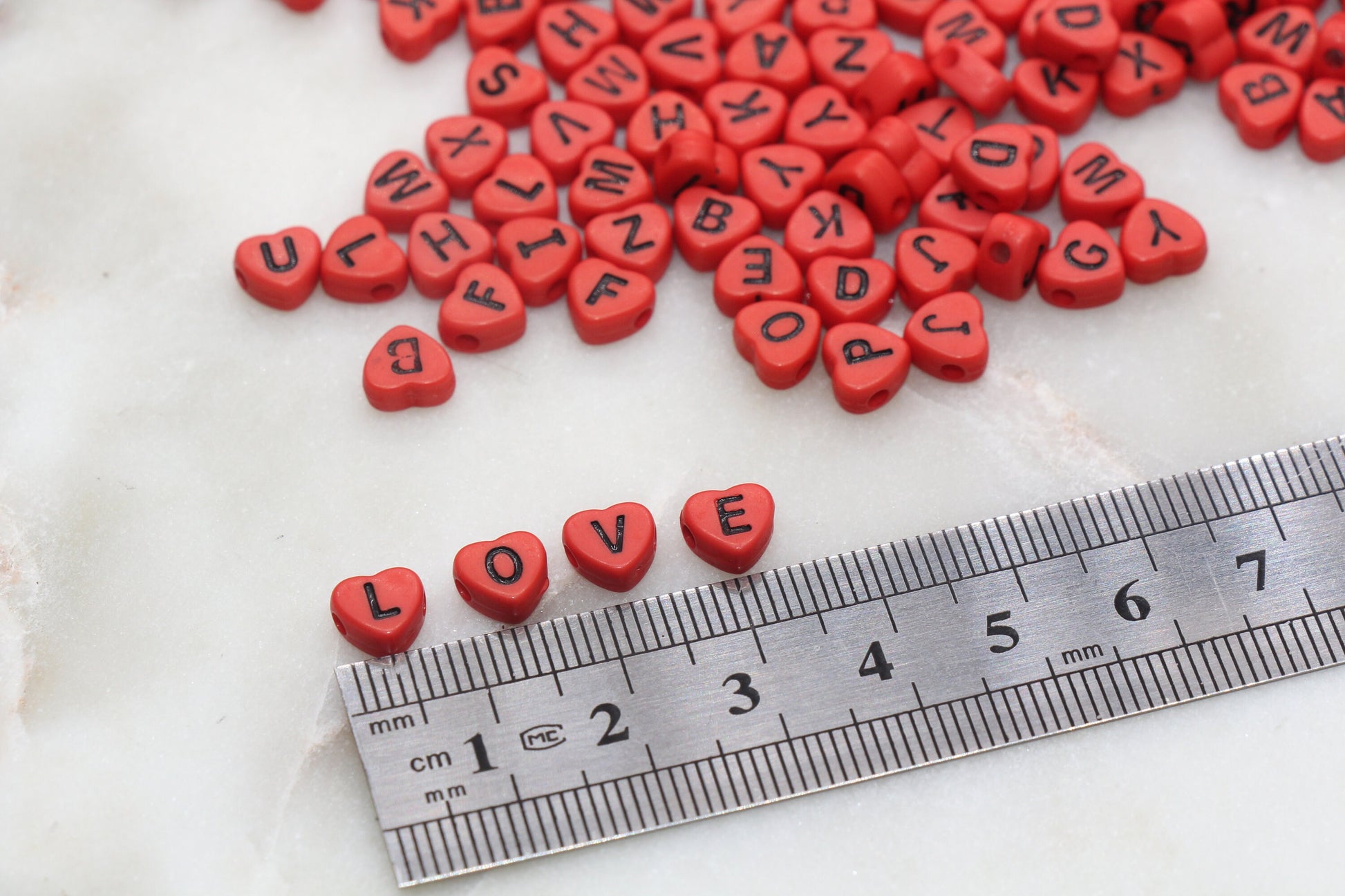 Red Heart Letter Beads, Acrylic Red Beads with Black Hearts, Heart Shape Alphabet Beads, Name Bracelet Beads, Word Beads, Size 7mm #2896