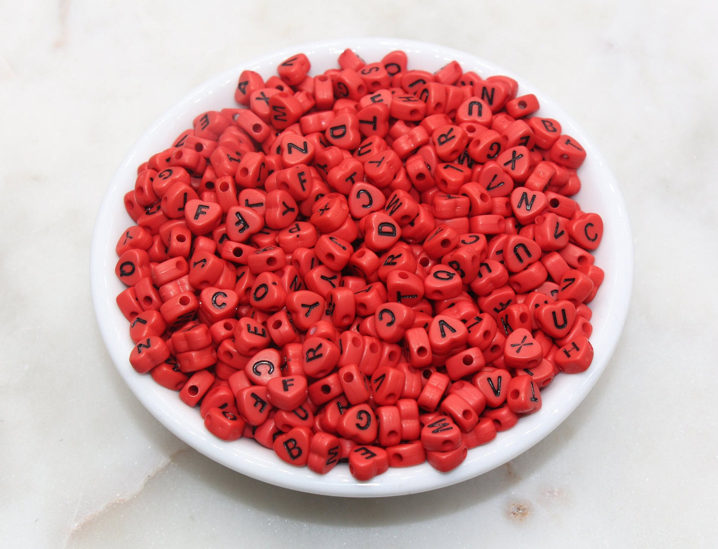 Red Heart Letter Beads, Acrylic Red Beads with Black Hearts, Heart Shape Alphabet Beads, Name Bracelet Beads, Word Beads, Size 7mm #2896