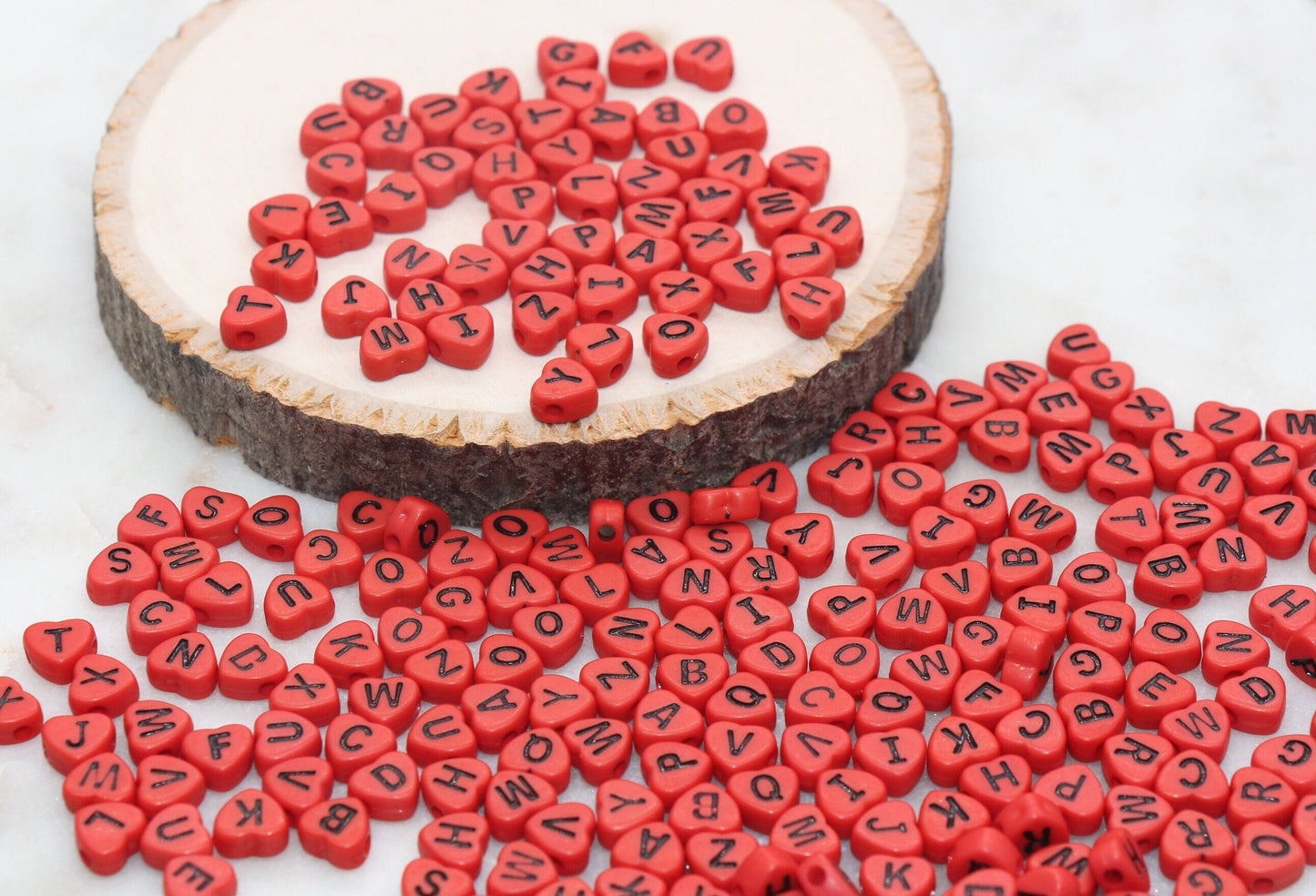 Red Heart Letter Beads, Acrylic Red Beads with Black Hearts, Heart Shape Alphabet Beads, Name Bracelet Beads, Word Beads, Size 7mm #2896