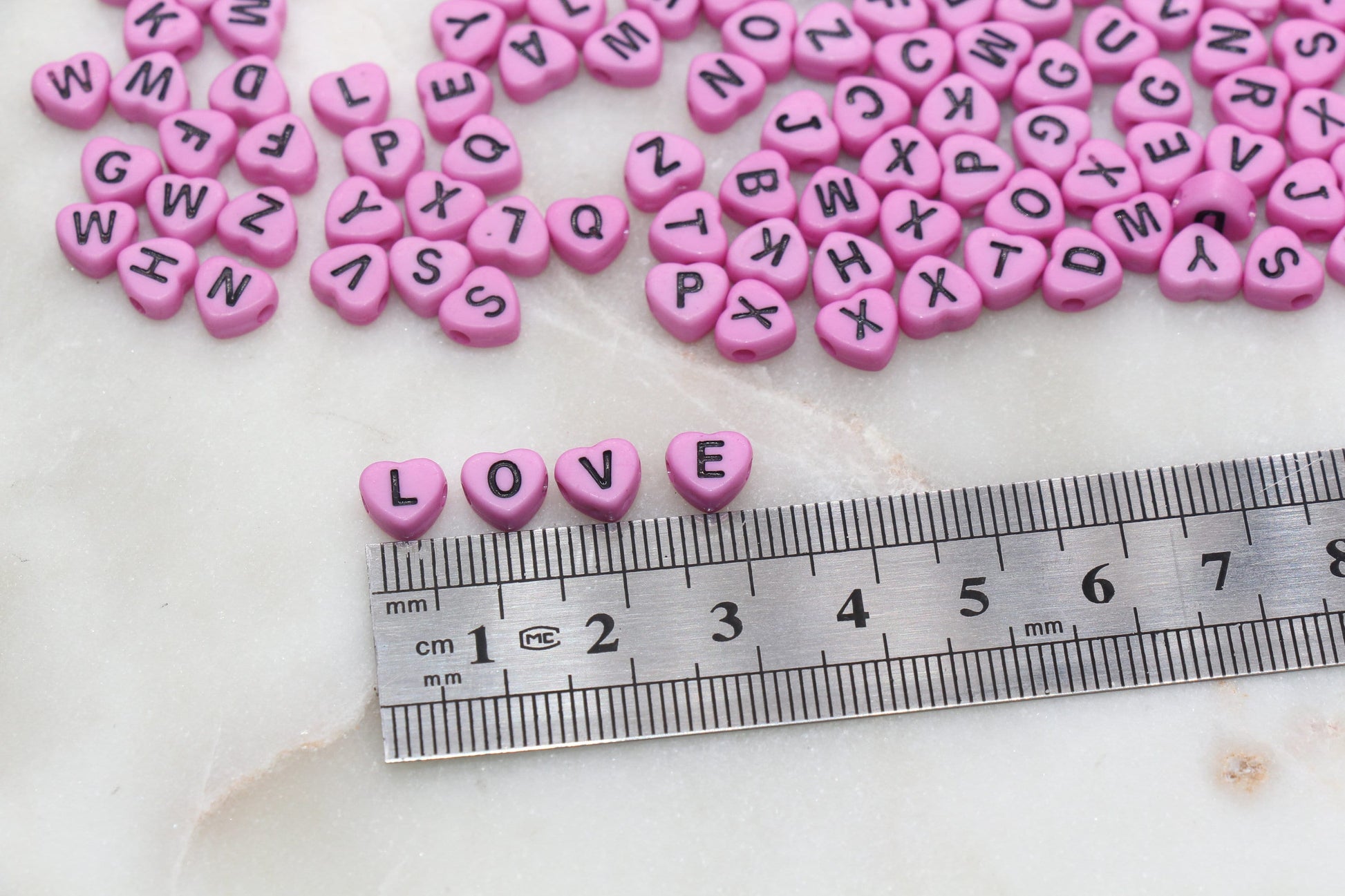 Pink Heart Letter Beads, Acrylic Pink Beads with Black Hearts, Heart Shape Alphabet Beads, Name Bracelet Beads, Word Beads, Size 7mm #2899