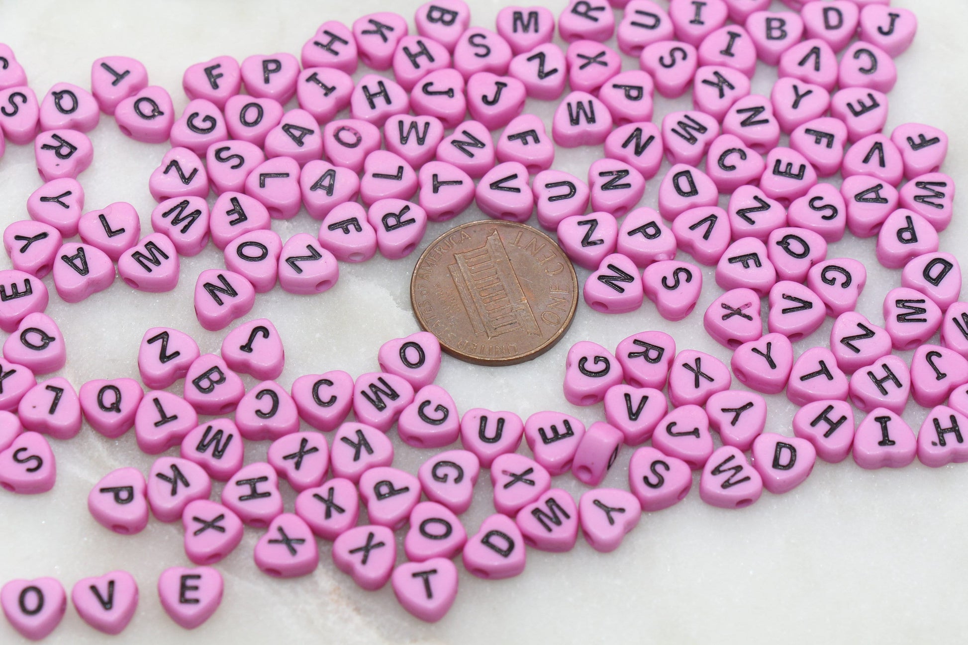 Pink Heart Letter Beads, Acrylic Pink Beads with Black Hearts, Heart Shape Alphabet Beads, Name Bracelet Beads, Word Beads, Size 7mm #2899