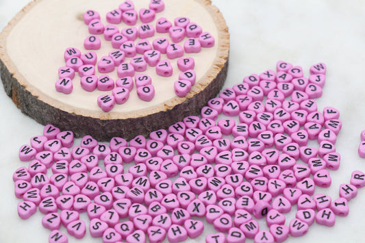 Pink Heart Letter Beads, Acrylic Pink Beads with Black Hearts, Heart Shape Alphabet Beads, Name Bracelet Beads, Word Beads, Size 7mm #2899