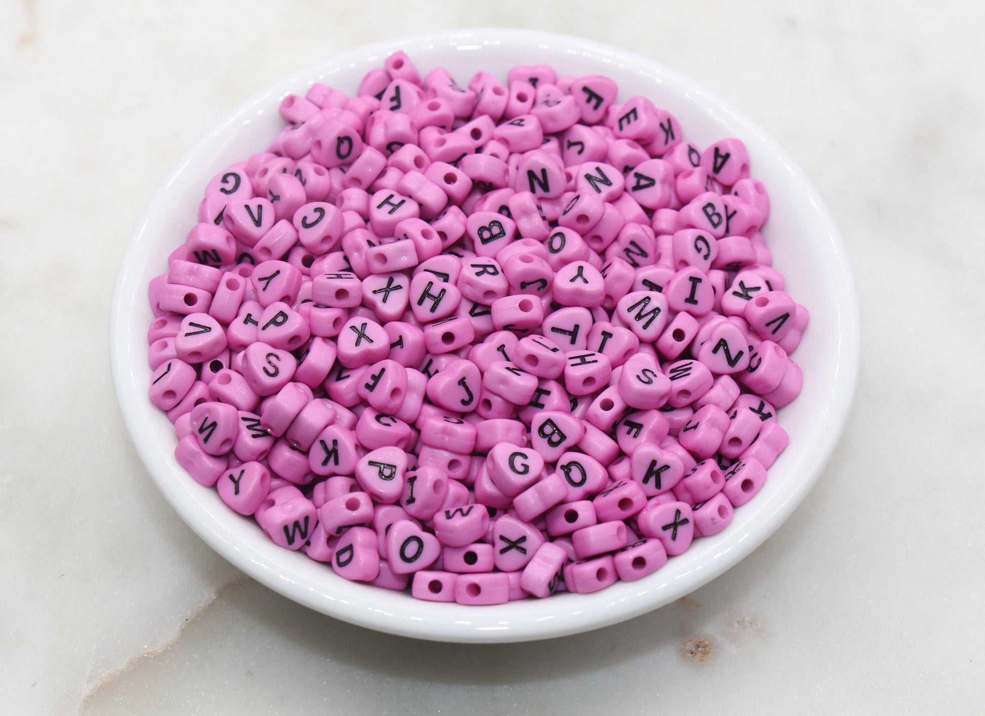 Pink Heart Letter Beads, Acrylic Pink Beads with Black Hearts, Heart Shape Alphabet Beads, Name Bracelet Beads, Word Beads, Size 7mm #2899