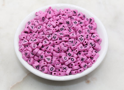 Pink Heart Letter Beads, Acrylic Pink Beads with Black Hearts, Heart Shape Alphabet Beads, Name Bracelet Beads, Word Beads, Size 7mm #2899