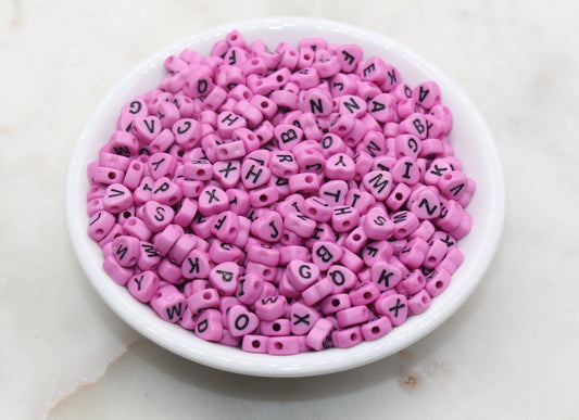 Pink Heart Letter Beads, Acrylic Pink Beads with Black Hearts, Heart Shape Alphabet Beads, Name Bracelet Beads, Word Beads, Size 7mm #2899
