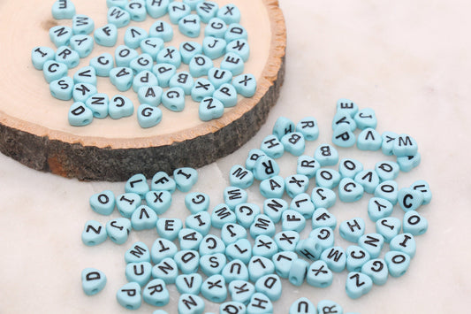 Blue Heart Letter Beads, Acrylic Blue Beads with Black Hearts, Heart Shape Alphabet Beads, Name Bracelet Beads, Word Beads, Size 7mm #2901