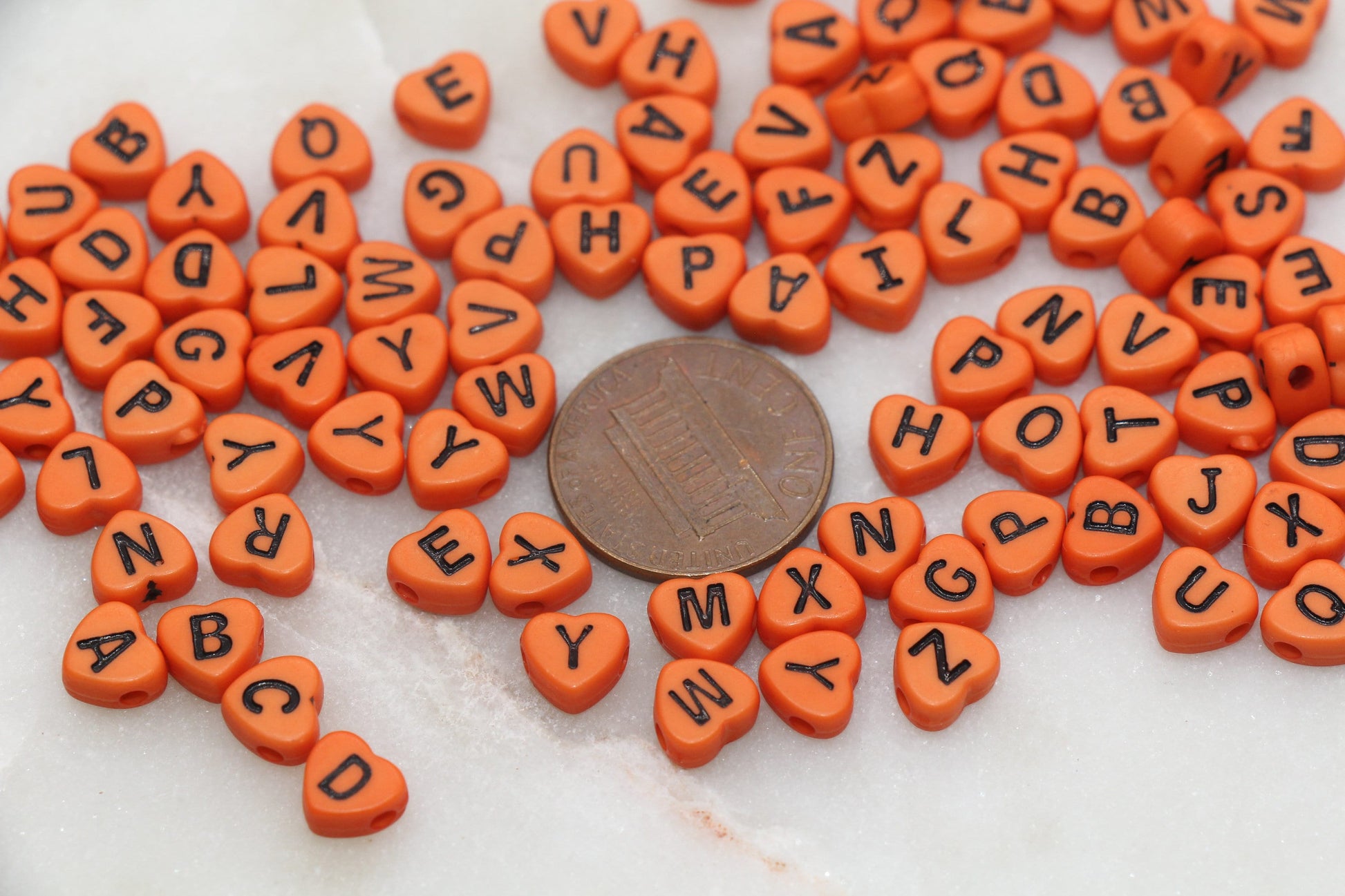 Orange Heart Letter Beads, Acrylic Orange Beads with Black Hearts, Heart Shape Alphabet Beads, Name Bracelet Beads, Word Beads, 7mm #2902