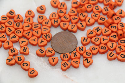 Orange Heart Letter Beads, Acrylic Orange Beads with Black Hearts, Heart Shape Alphabet Beads, Name Bracelet Beads, Word Beads, 7mm #2902