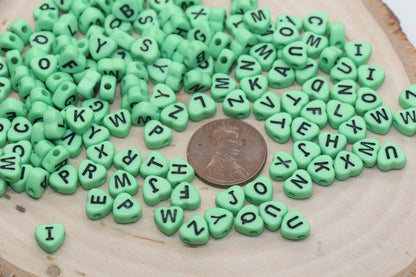 Green Heart Letter Beads, Acrylic Green Beads with Black Hearts, Heart Shape Alphabet Beads, Name Bracelet Beads, Word Beads, Size 7mm #2903