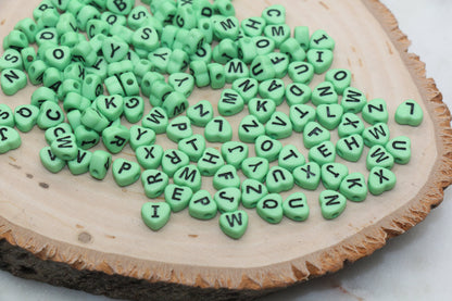 Green Heart Letter Beads, Acrylic Green Beads with Black Hearts, Heart Shape Alphabet Beads, Name Bracelet Beads, Word Beads, Size 7mm #2903