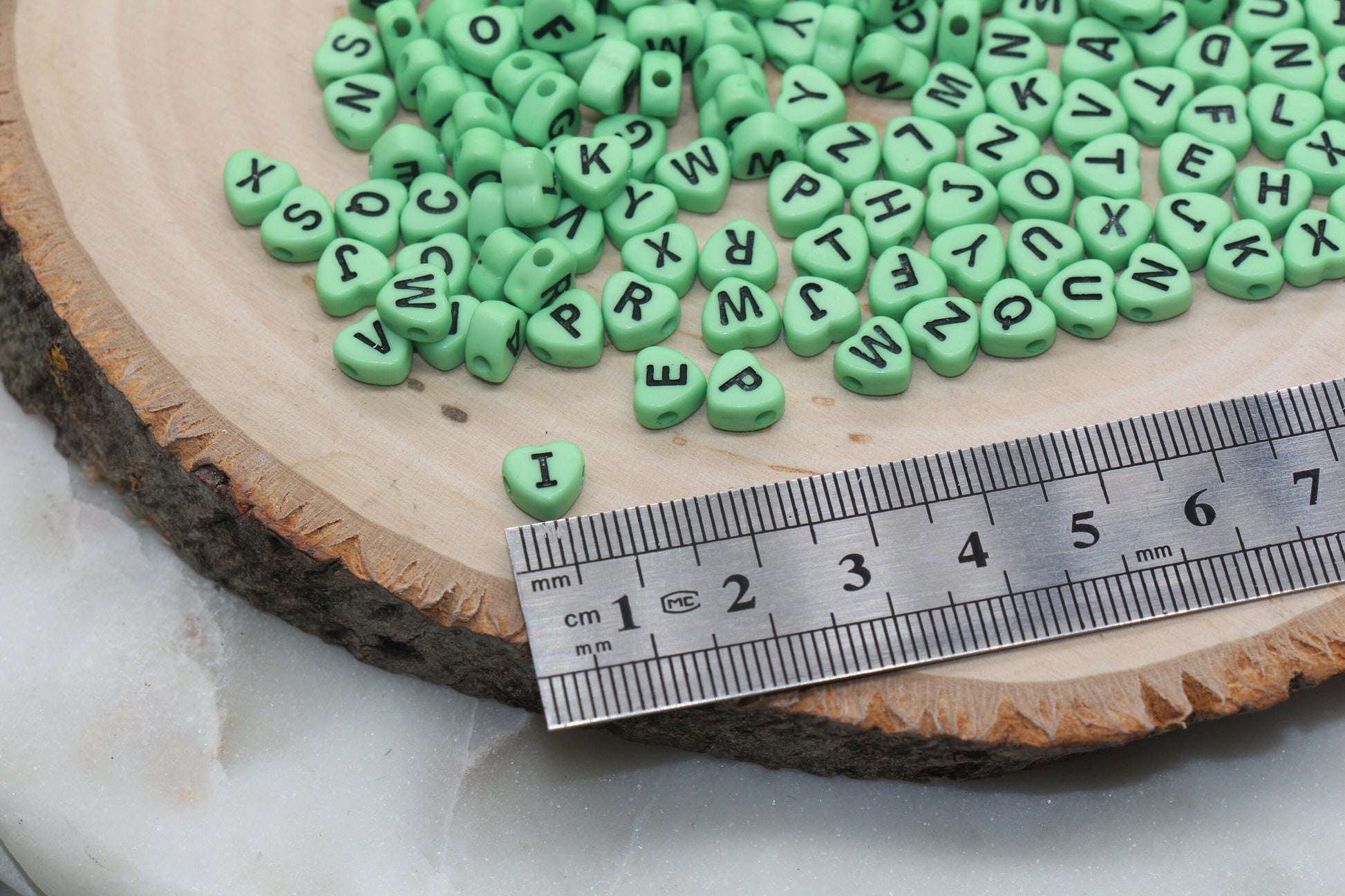 Green Heart Letter Beads, Acrylic Green Beads with Black Hearts, Heart Shape Alphabet Beads, Name Bracelet Beads, Word Beads, Size 7mm #2903
