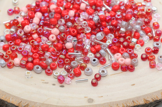 Mix Red Glass Seed Beads, 4mm 6/0 Glass Round Seed Beads, Mix Multicolor Seed Beads, Rocailles Beads, Valentine's Themed Beads #2916