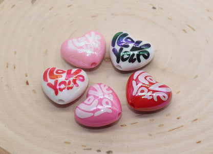 I Love You Heart Beads, Valentine's Themed Heart Beads, Mix Acrylic Heart Beads, Chunky Heart Beads, Heart Shape Beads, Vertical Hole Hearts