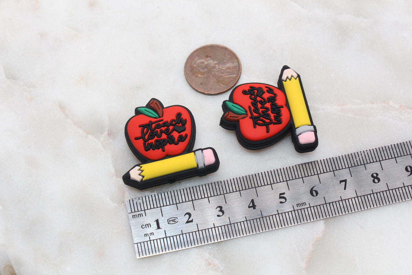 Teacher Silicone Beads, Teach Love Inspire Silicone Beads, Apple and Pencil Silicone Loose Beads, School Themed Focal Beads #400