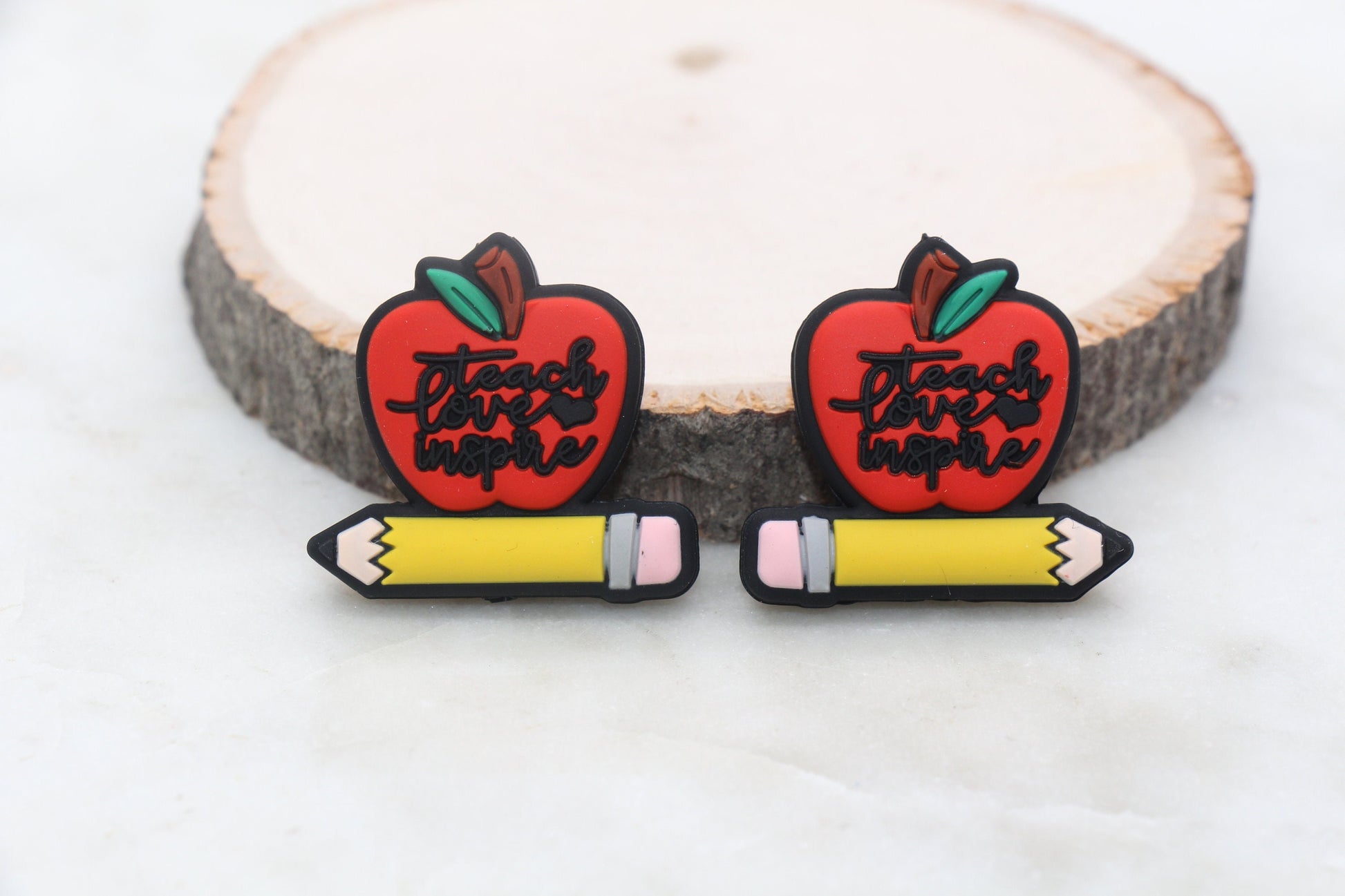 Teacher Silicone Beads, Teach Love Inspire Silicone Beads, Apple and Pencil Silicone Loose Beads, School Themed Focal Beads #400