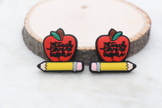 Teacher Silicone Beads, Teach Love Inspire Silicone Beads, Apple and Pencil Silicone Loose Beads, School Themed Focal Beads #400