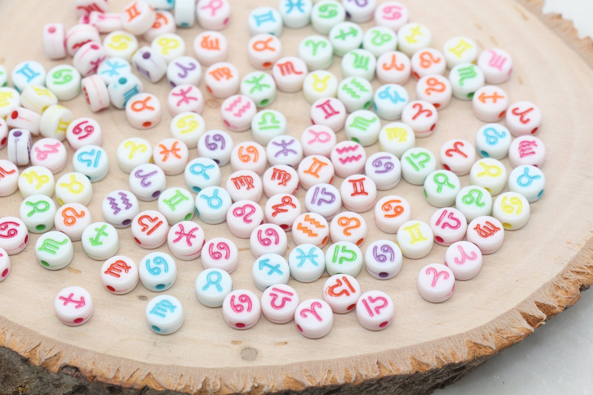 Zodiac Signs Beads, White Beads with Mix Color Zodiac Beads, Constellation Astrology Sign Symbol Beads, Size 7mm #2976