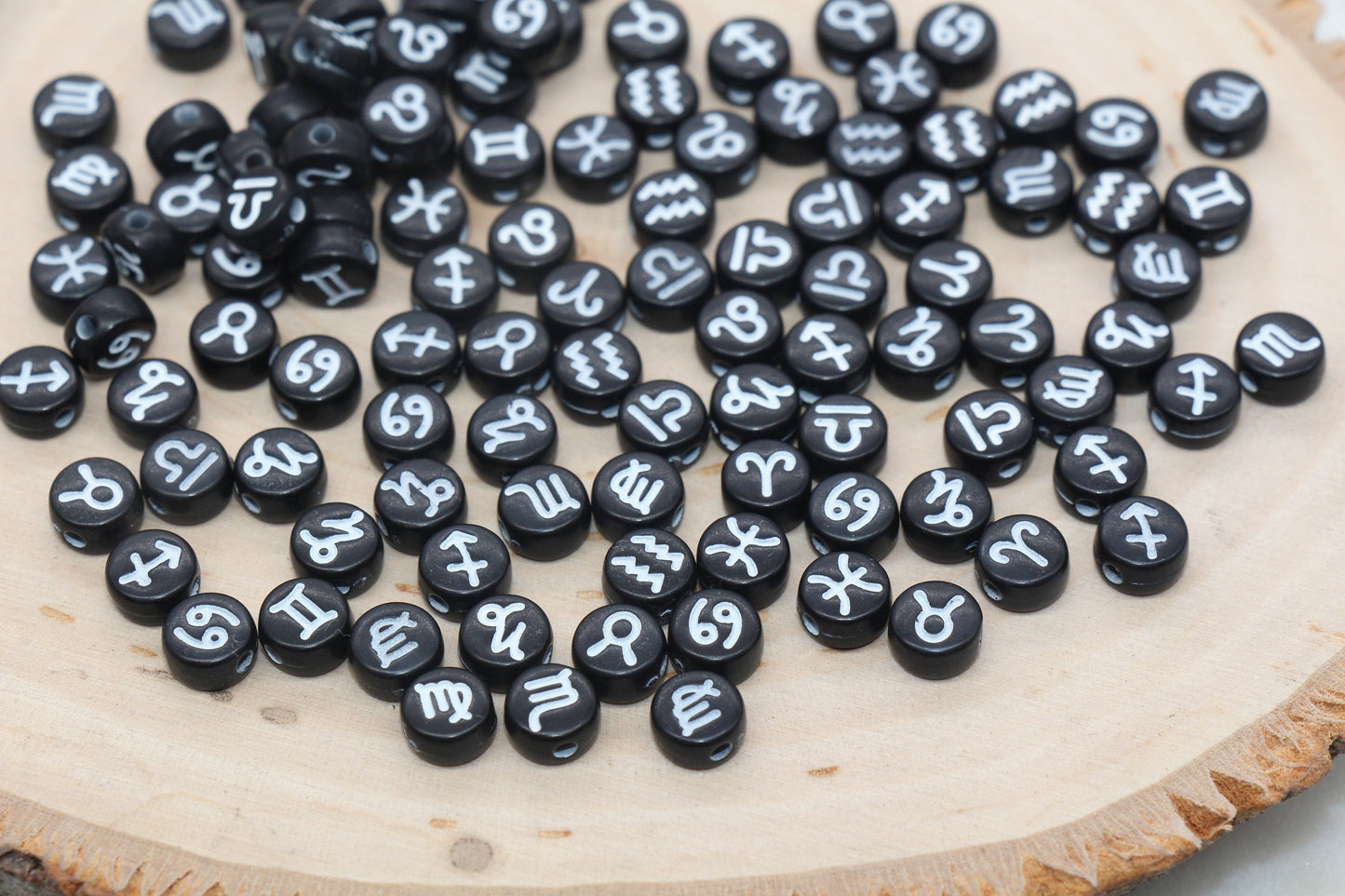 Zodiac Signs Beads, Black Beads with White Zodiac Sign Beads, Constellation Astrology Sign Symbol Beads, Size 7mm #2977