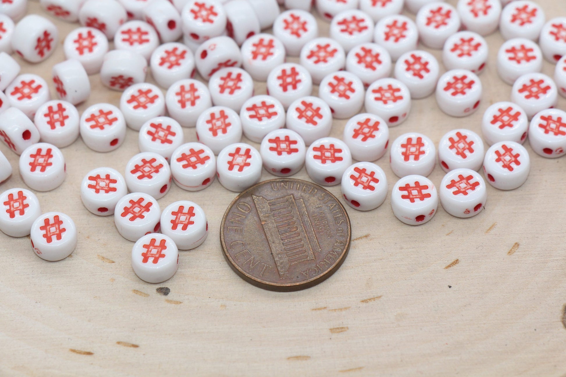 Hashtag Beads Beads, # Symbol Round Beads, White Beads with Red Hashtag Beads, Bracelet Beads, Jewelry Making #2981